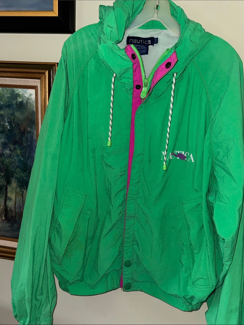 Nautica Green Scuba Windbreaker with Pink Trim 1990s Vintage Neon size XL